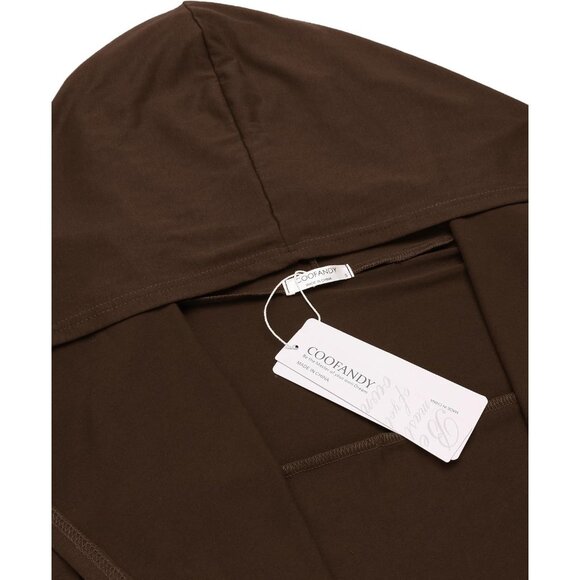 Women's Cardigan Ruffle Shawl Collar Open Front Cape Overcoat Pockets Brown - Picture 4 of 6